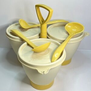 Vintage Tupperware Yellow and Cream Condiment Set w/ Condiment Mini Ladle Spoons